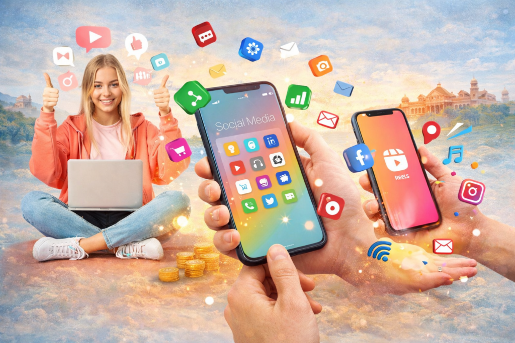 Social media marketing agency concept with audience engagement and growth visuals